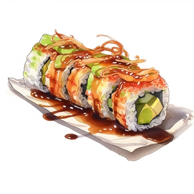 watercolor, hyper realistic, white background, white margins, 16k, ultra detailed clipart, cut out image, hand-drawn a colorful dragon roll, showcasing a delicious combination of shrimp tempura, avocado, and cucumber, topped with slices of eel and drizzled with savory eel sauce. in the style of anime art, frostpunk, photo-realistic drawings, villagecore, lively and energetic, high quality, anime