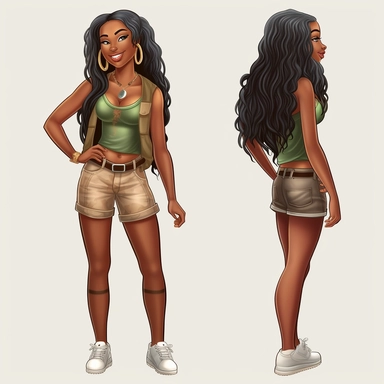 beautiful black teenage girl with beautiful long hair to her waist, dressed casually. Full perspective and, long shot A young black woman with full lips and a big beautiful smile, dressed in khaki shorts and a tank top, has long hair and beautiful shapely legs, wearing heels, clipart in the style of digital airbrushing, feminine sticker art, dollcore, realistic face, realistic body, glamorous,