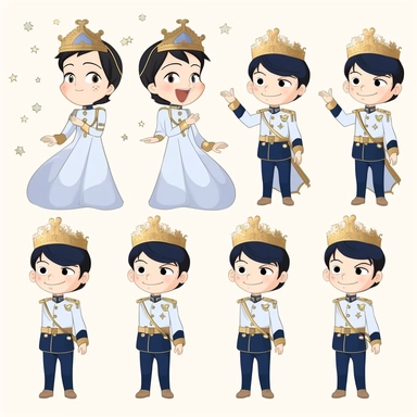 character sheet, prince boy clipart, wearing disney prince clothes, with crown, military outfits, multiple poses, space out, cute, vector art, white background,