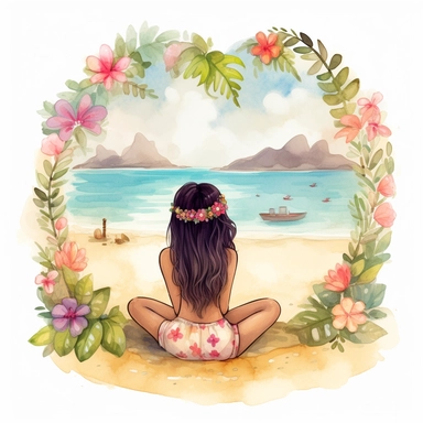 watercolour, tropical island setting, showcase an adorable little Hawaiian girl, she has flowers in her hair, she is sitting near the beach, surrounded by beautiful flowers and hearts, the feeling is magical, clipart style