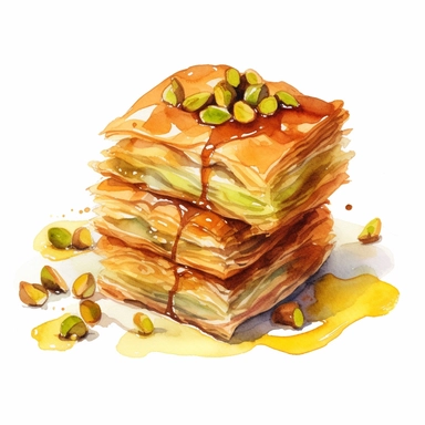 A refreshing Greek Baklava with honey and pistachios clipart, white background, watercolor sophisticated drawing