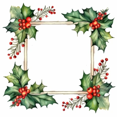 holly and berries and christmas ornaments, square frame of intertwined holly branches, white background, clipart, page border style, watercolor, vintage--q2