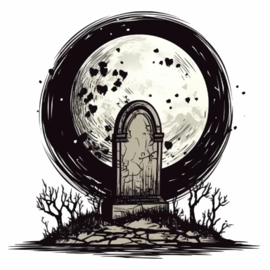 A scary looking tombstone for halloween with large full moon behind it, white background, single design, clipart, vector style graphics, sharp lines