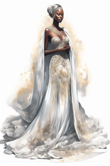 amazing detailed watercolor clipart of a beautiful black woman bride with a beautifully detailed Heavenly draping baroque-inspired haute couture gown on a beautiful young woman stunning seraphim posing a classical fashion setting and a long veil and a handsome black groom, solid white background, cinematic light lighting, hyper-detailed, 8k, high resolution, symmetrical, bodyshot photograph, insanely detailed and intricate, beautiful, elegant, watercolor, cinematic