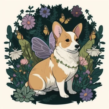 Tshirt vector graphic art of a Corgi dog wearing flower crown, very detailed, flat graphic design, magical, firefly, butterfly, fairycore, plants, vintage colors, rural life, wild flowers, Mushroom, Forest, cottagecore aesthetic, clean lines, sticker, vector image, clipart, white backgound,