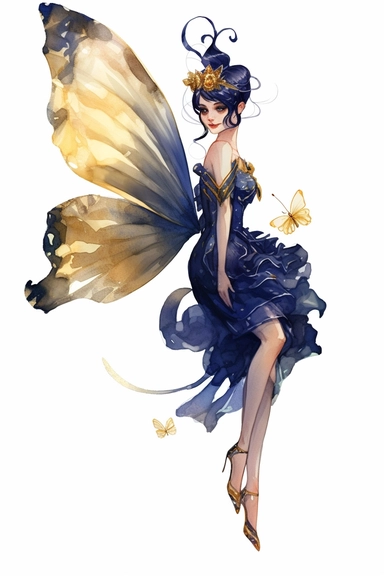 a watercolor of a pixie with butterfly style wing, Victorian Style, golden and navy blue nuances, vector free clipart illustration, in the style of unreal engine 5, 32k uhd, detailed features, white background
