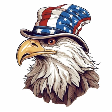 clipart design, profile of a EXCITED bald eagle wearing an Uncle Sam hat, american flag, in the style of MAD magazine, contour, vector, white background
