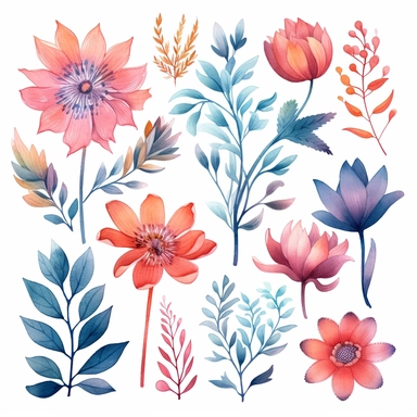 atercolor, handpainted floral clipart, transparent background, 6 elements evenly spaced out by 1 inches