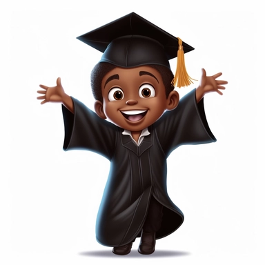 A little black light-skinned boy graduate in black graduation attire, cap and gown on, arms up, disney clip art