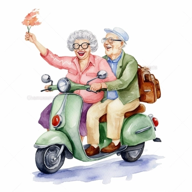 Grandpa drove Grandma by motorbike, Funny Grandparents, illustration, extremely detailed, illustration clipart, on white background, watercolor