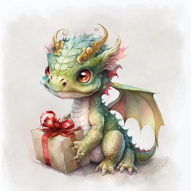 watercolor, full body baby christmas dragon, cute, big eyes, clip art, colorful ar 2:3
