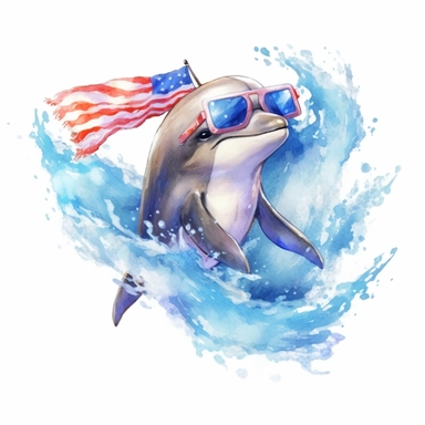 a playful bottlenose dolphin in a jumping wave, wears American flag scarf and sunglasses, with Southeastern coastal waters, watercolor style, anime-inspired character designs, hyper-realistic animal illustrations, 2d game art, quadratura, clipart, on whit