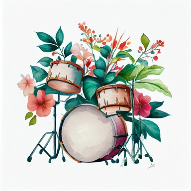 watercolor painting of a drum set with floral on white background, clipart, illustration, ultra detailed art
