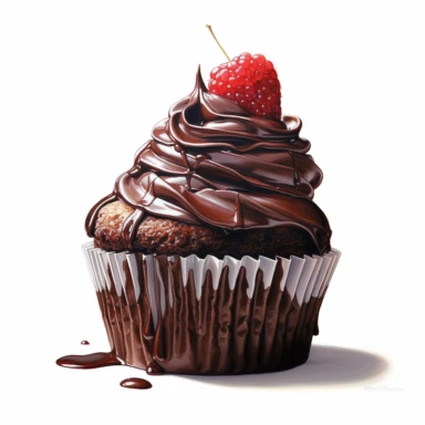 incredible detailed acrylic hyperrealism painted , dark chocolate cupcake with high dark brown glossy cream, chocolate topping, raspberry, clipart, hyperrealism, clear picture in high resolution, highlights , white background, appetizing, clear and contrast image, reflections, very detailed drawing, menu illustration, realism, high quality, lighting like in a photo studio, advertising, hd