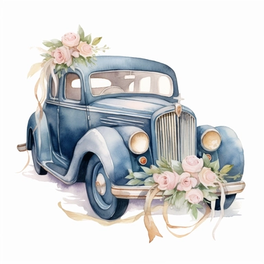Gold Accent Wedding Car Clipart: An elegant Gold Accent vintage wedding car, decorated with a Dusty Blue ribbon and Soft Blush Pink roses. This watercolor clipart signifies the happy couple's journey together, aligning with the Eternal Elegance theme.
