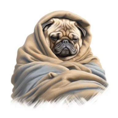 pug sleeping, wrapped in a blanket, digital painting and drawing, clipart, full body, hyper - realistic animal illustration, childlike, free brushwork, white background