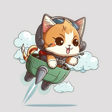 cute baby kitten flying with a jetpack clipart, kawaii chibi, cartoon
