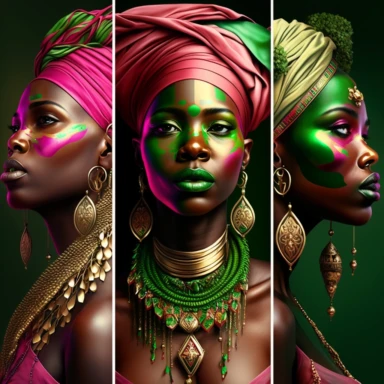 three Nubian woman three panels looking away from each other, hyper realistic clipart,pink and green theme, bold statement, vivid color. Gold jewelry draped around their faces. African face paint warriors