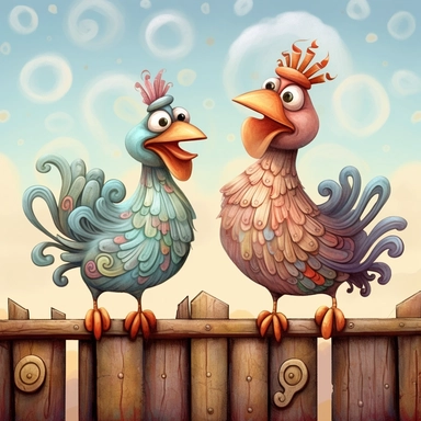 Whimsical magical wacky chickens sitting on a fence,muted colors, swirls, twists, twirls, metallic, glitter, stylized, funny, centered, airbrushed, digital oil, detailed illustration, clip art, cartoon, 8k,-- ar 9:8