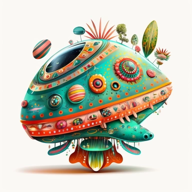 Illustration in boho style, clipart, sublimation painting Unusual alien spaceship. Bright colorful colors. White empty background, high quality 8k, quality detail