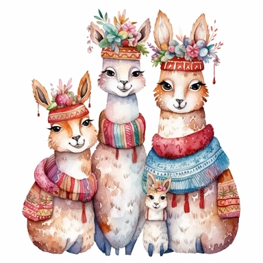 charming family of 4 llama, Christmas morning, festive decor and mood, ornamental watercolor, clipart