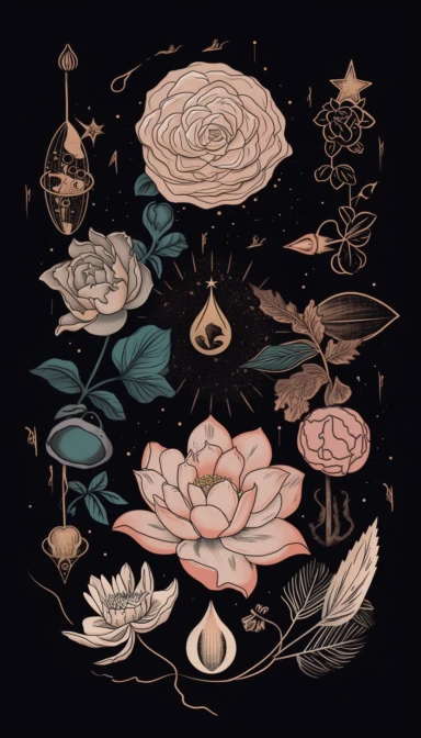 tattoo clipart, minimalism art decor image of a vector moon, lotus flowers, peonies, Buddha, stars and planets, vertical, sacred geometry, tiny, metallic colors, spiritual, vector, phone wallpaper, high quality image, vector, logo, pastel, triangle and sacred geometry, dark background