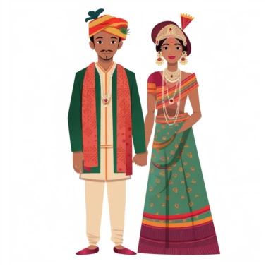 Create a clipart of a wedding couple in cultural dressing that represents two or more cultures. Use traditional clothing and colors that are meaningful to each culture, and keep the design clear and simple. Variable Prompt: Create a cultural clipart of a wedding couple that represents [origin 1] and [origin 2]. Use traditional clothing and accessories that are meaningful to each culture, and incorporate [color 1] and [color 2] to add visual interest and cultural significance to the design. Possi