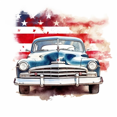 American flag, American, Car, Clipart watercolor, architect, travel, no watermark, text, brush , 300 DPI , typography, shapes do not stick together, no text in the picture