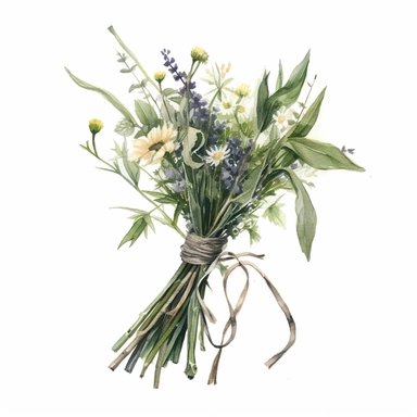 wild flowers with long stems tied together with string made of twig to make a bouquet, super-realistic, detailed, watercolor, light colors, clipart, minimalist, lots of green leaves