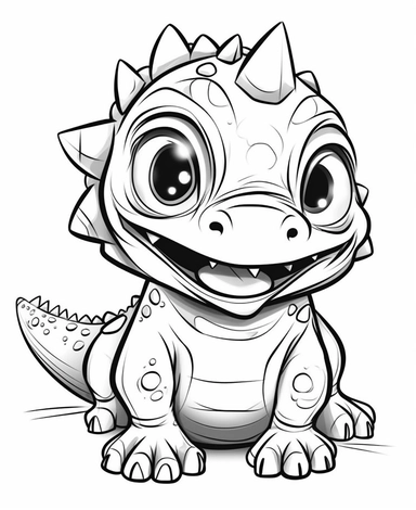 clipart image of a cute dinosaur with big eyes, outline art style, very simple strokes, bold line, coloring book black and white style, white background