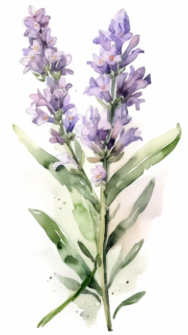 watercolor clipart of Lavendel, white background, pastel tetradic colors, focused on the character,