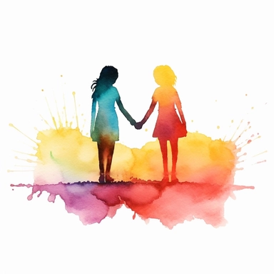 watercolor two rainbow silhouettes holding hands clip art