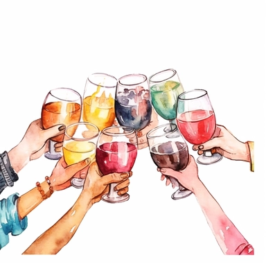 watercolor, Friends hands holding glasses and mugs with champagne, wine, beer, cocktail and tea, and cheers or drinking toast to friendship. png Full body realistic cartoon in 32K UHD cute. 15 cm thick outline. Black color. There was no shadow on the ground. 8k with realistic watercolors and detailed illustrations. PNG clipart, transparent white background