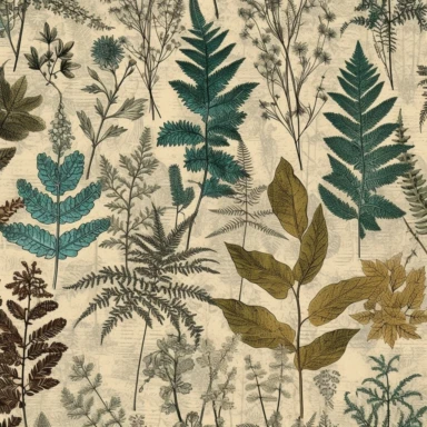 An enchanting fabric design inspired by antique herbariums, featuring meticulously arranged pressed ferns, leaves, and delicate blossoms. Ideal for adding a touch of vintage elegance to clothing and home decor. Antique-style clipart for fabric prints. HD quality.