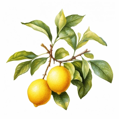 Watercolor clipart very detailed lemon branch with leaves. White background