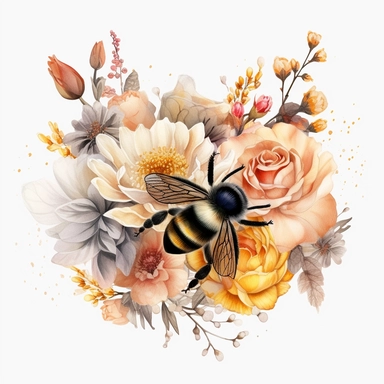 An exquisite honey bee clipart surrounded by a vibrant bouquet of flowers, with no background to distract from the natural beauty. The bee delicately perched on a blooming flower, its fuzzy body contrasting against the petals, while its translucent wings add a touch of ethereal grace. This clipart provides a perfect blend of nature's wonders
