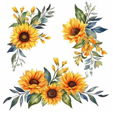Watercolor Sunflowers Clipart, sunflower wreath, fall sunflower floral bouquets in PNG format instant download for commercial use
