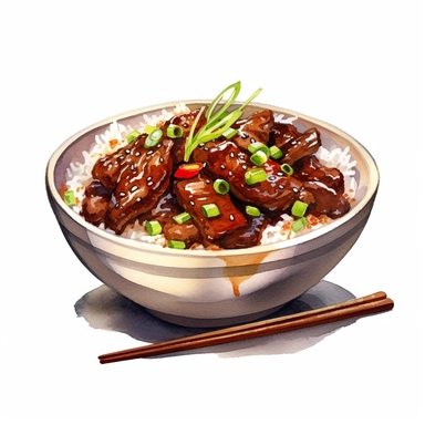 an appetizing watercolor clipart image with a white background, featuring a bowl of flavorful and aromatic Mongolian beef, stir-fried with scallions and served with steamed rice.