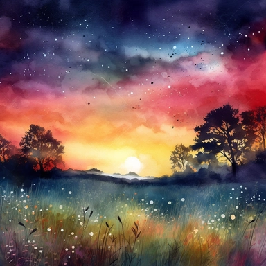 clipart style, watercolor scene of An enchanting illustration of a Twilight Meadow, showcasing a meadow bathed in the soft light of twilight. The sky is adorned with wisps of clouds and the first stars of the night, while the grassy field is alive with the vibrant colors of wildflowers. The scene evokes a sense of calmness, beauty, and the transition from day to night, HD, on white background