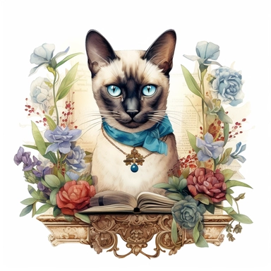An elegant Siamese cat wearing a steampunk-inspired collar, surrounded by a lush garden of exotic flowers and seated on an antique book, as if guarding its secrets. watercolor, Clipart,intricate details, on white background