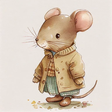cute children's book illustration of a vintage mouse wearing clothes, smooth watercolor details, soft colors, outline, nursery art, popular on pinterest, clipart, trending on artstation, minimalist, watercolor illustration clipart, watercolour clipart, watercolor illlustration for kids and children, book illustration, flat design, white solid background