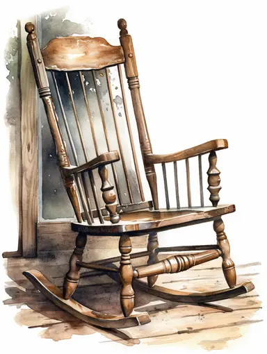 watercolor, vintage, country, wood rocking chair with beautifully carved arm rests on white background, clip art