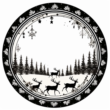 Decorative border circle, christmas style, black lines, detailed, flat design, simple design, sleigh and reindeer, white background, clipart style, black and white,