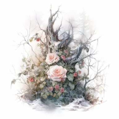 isolated on white illustration watercolor art of a part of tree in forest, overgrown with white and light pink roses and flowers, covered with snow and ice, a lot of moss and branches, lace and embroidery, masterpiece by Tomasz Alen Kopera style and by Carl Holsoe style and by James C. Christensen style and by Alexander Jansson style, Baroque Architecture, PNG clipart, isolated on white, white background, extreme photorealistic details, 32k HD resolution, realistic high detailization high resolu