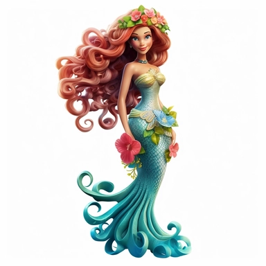 A beautiful smiling mermaid, highly detailed, long hair, beautiful flowers and coral, highly detailed tail, full body image, pixar style, clipart
