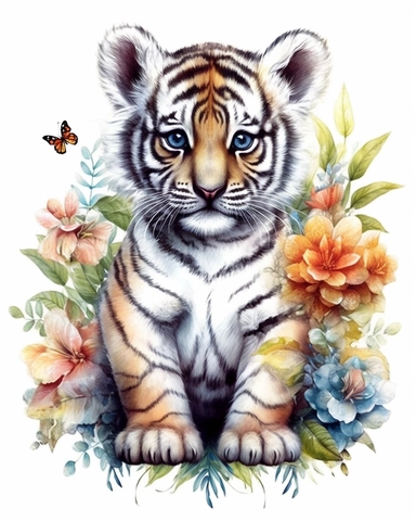 detailed watercolor Baby tiger standing on flowers , hyper realistic, isolated on a white background, clipart