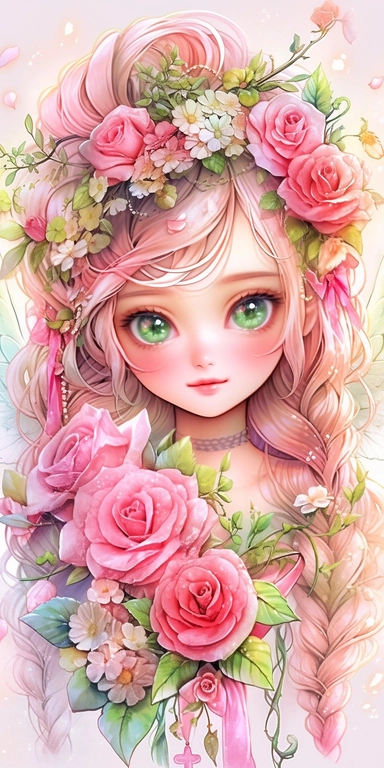 Watercolor beautiful wild roses fantasy forest fairy girl with beautiful face and big eyes with flowers, with angel wing, chibi kawaii animated style, vivid vibrant colors, intricate detail, hyper detailed, hyper quality, 32K, unreal engine, isolated on white background, kawaii, clipart
