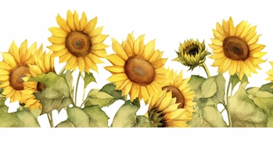 watercolour long row of sunflowers in a field clipart, hd, detailed, earth tones, white background, spaced out