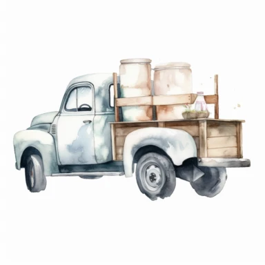 watercolor old pickup truck with milk bottles in back clipart white background