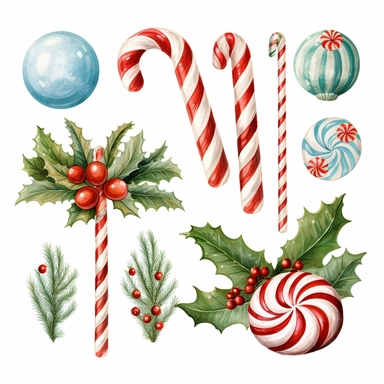 illustrations pack of christmas decorative items, candy cane, balls, leaves, snow, png style, for clipart